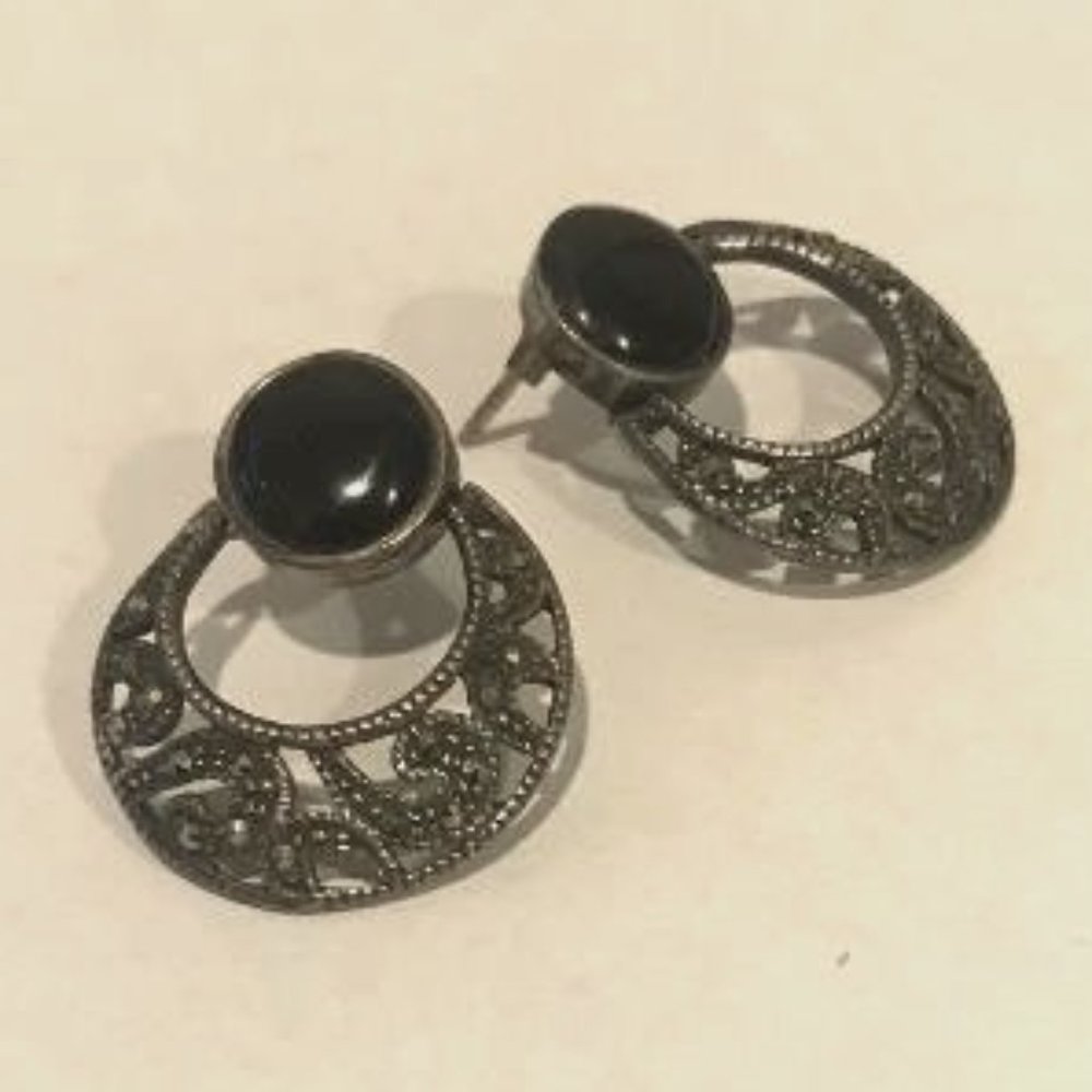 925 Silver with Black Stone & Marcasites Door Knocker Earrings